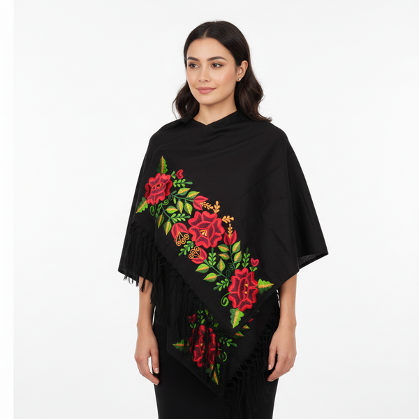 Rebozo Chal Artesanal Negro 100% Lino Bordado Yucateco 2.10 metros