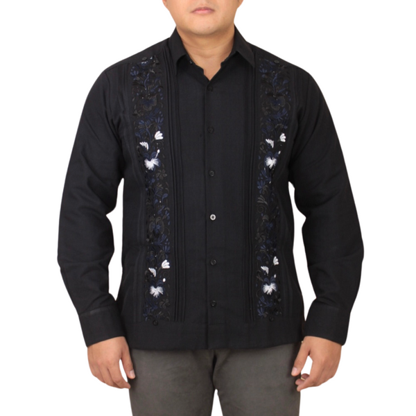 Guayabera Bordada Yucateca Negro Modelo Colibrí Manga Larga para Hombre