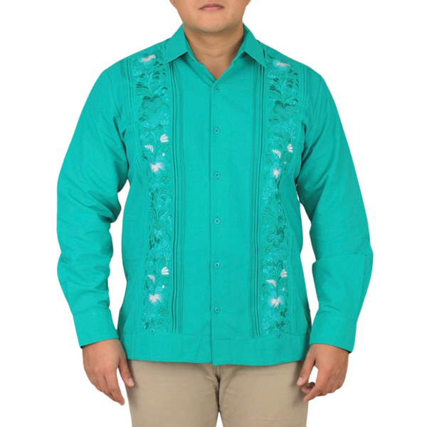 Guayabera Bordada Yucateca Verde Jade Modelo Colibrí Manga Larga para Hombre