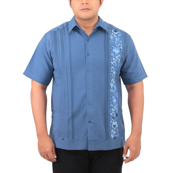 Guayabera Bordada Yucateca Azul Acero Modelo Colibrí Manga Corta para Hombre
