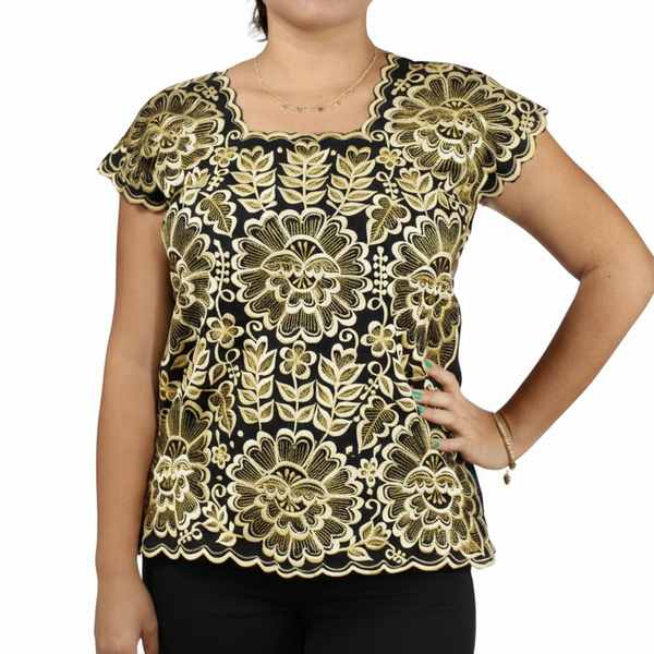 Blusa Yucateca Bordada Negra Lino Modelo Aurora