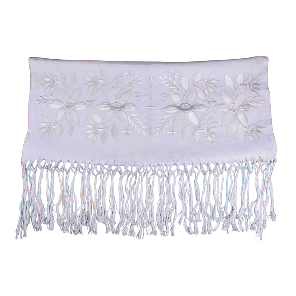 Rebozo Chal Artesanal Gris Perla 100% Lino Bordado Yucateco a mano 2.1 metros