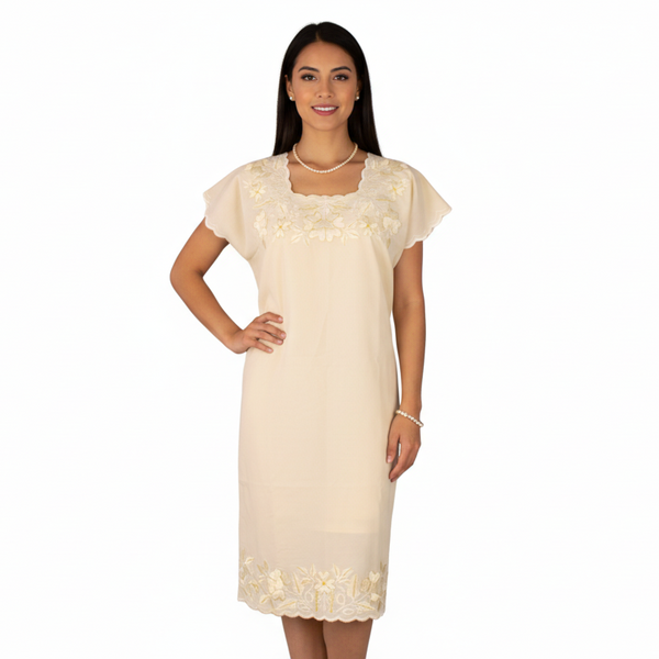 Vestido Huipil Beige Bordado en Ambos Lado a Mano Yucateco Modelo Alitzel para Mujer