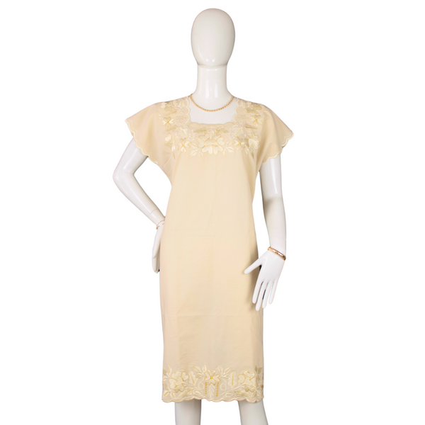 Vestido Huipil Beige Bordado en Ambos Lado a Mano Yucateco Modelo Alitzel para Mujer
