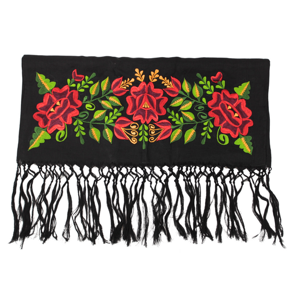 Rebozo Chal Artesanal Negro 100% Lino Bordado Yucateco 2.10 metros