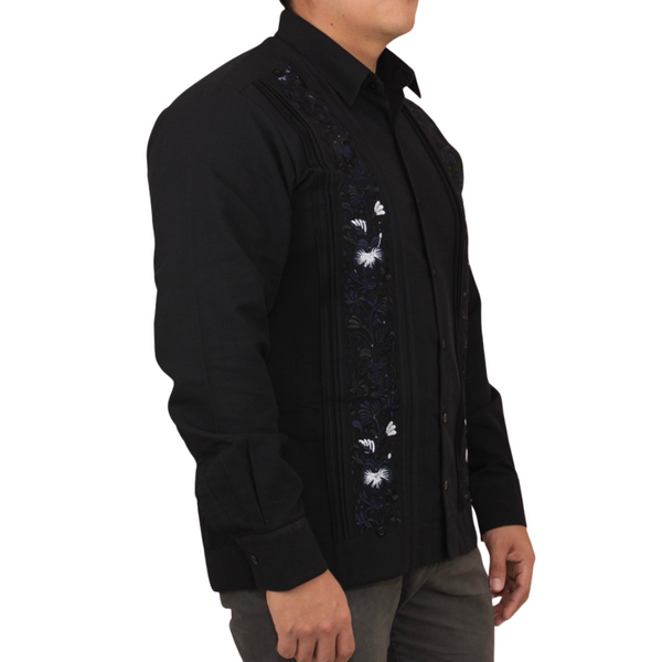 Guayabera Bordada Yucateca Negro Modelo Colibrí Manga Larga para Hombre