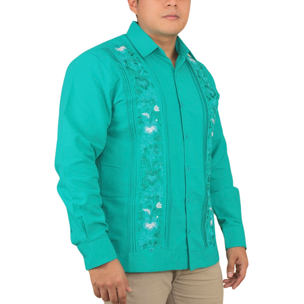 Guayabera Bordada Yucateca Verde Jade Modelo Colibrí Manga Larga para Hombre