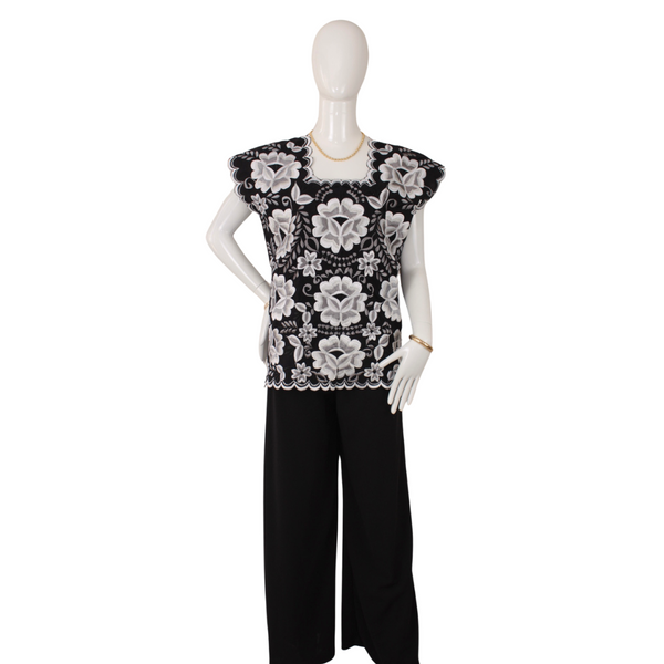 Black Yucatecan Handmade Blouse Hand Embroidery Model Natalia for Women