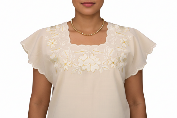 Vestido Huipil Beige Bordado en Ambos Lado a Mano Yucateco Modelo Alitzel para Mujer