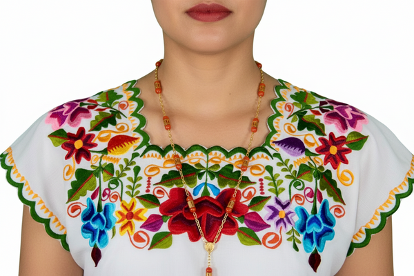 Vestido Huipil Blanco Bordado en Ambos Lados Yucateco a Mano Modelo Itzel para Mujer