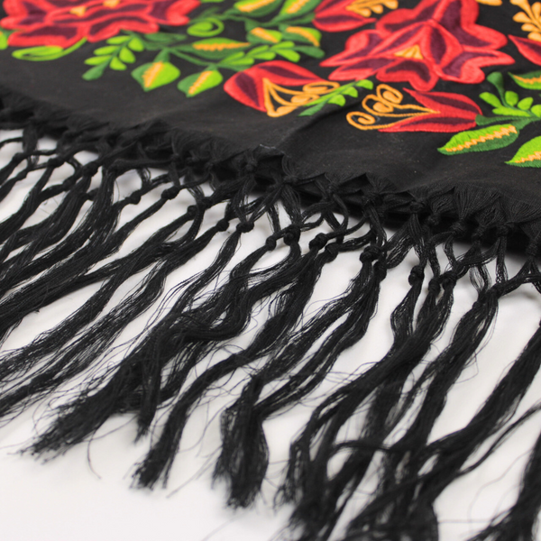 Rebozo Chal Artesanal Negro 100% Lino Bordado Yucateco 2.10 metros
