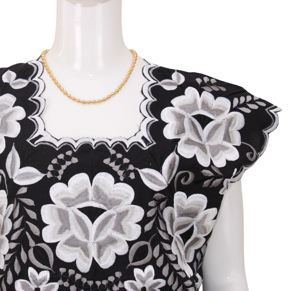 Black Yucatecan Handmade Blouse Hand Embroidery Model Natalia for Women