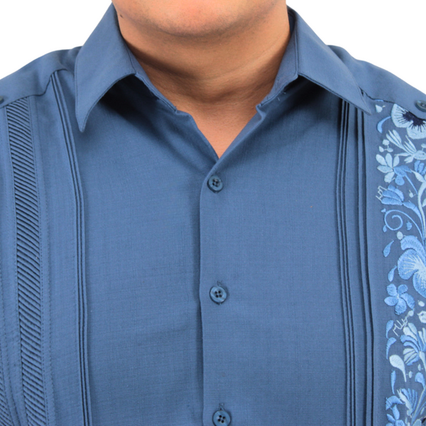 Guayabera Bordada Yucateca Azul Acero Modelo Colibrí Manga Corta para Hombre