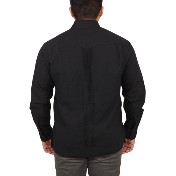 Guayabera Bordada Yucateca Negro Modelo Colibrí Manga Larga para Hombre