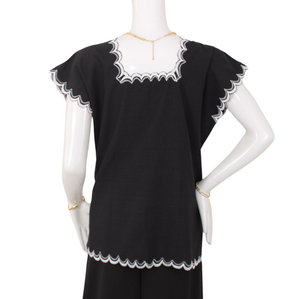 Black Yucatecan Handmade Blouse Hand Embroidery Model Natalia for Women