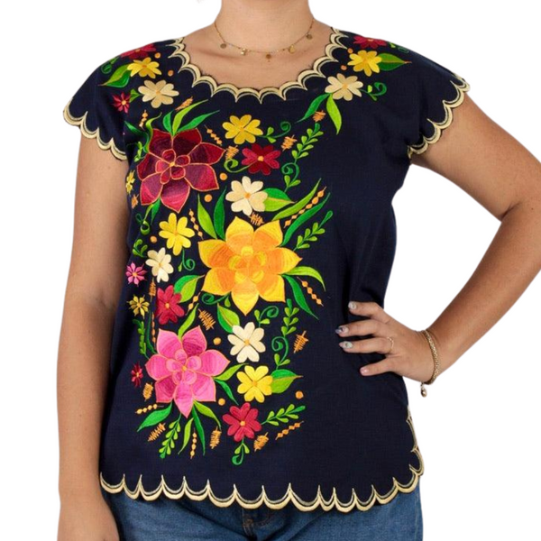 Yucatecan artisanal blouse embroidered navy blue star model for women