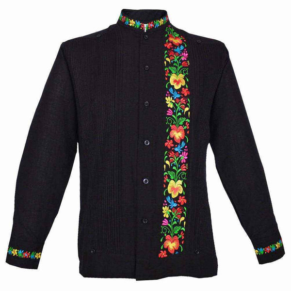 Guayabera Yucateca Negra De Lino Modelo Colibrí Manga Larga