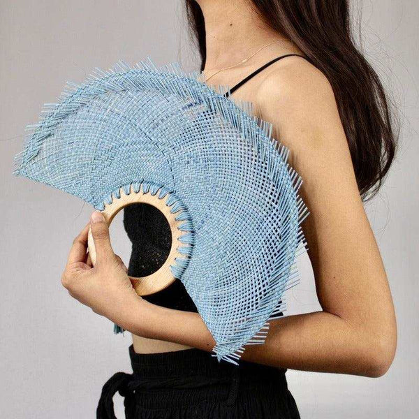 Light blue artisanal fan Palma Jipijapa with wooden handle