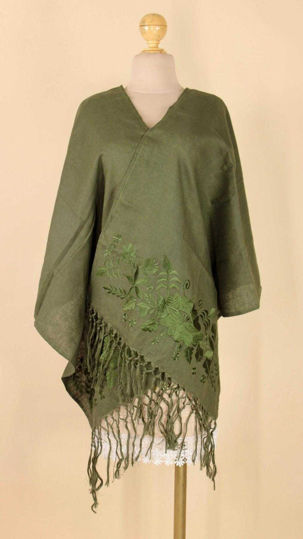 Rebozo Chal Artesanal Verde Olivo 100% Lino Bordado Yucateco a mano 2.1 metros
