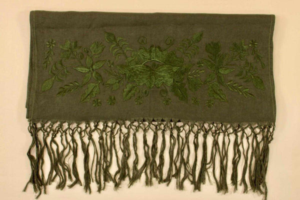 Rebozo Chal Artesanal Verde Olivo 100% Lino Bordado Yucateco a mano 2.1 metros