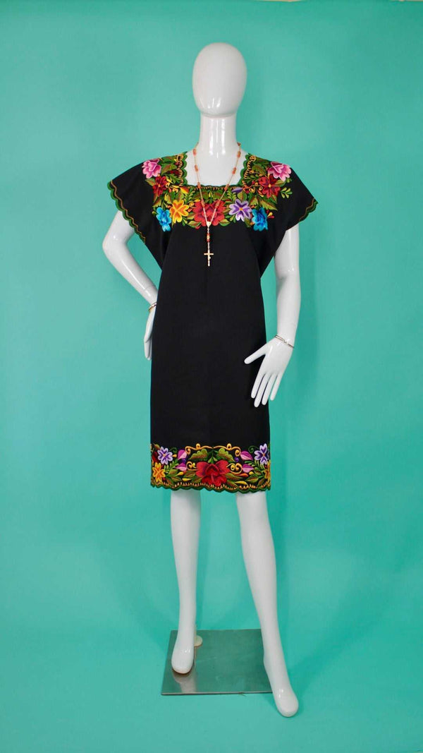 Black Huipil Dressed embroidered on both Yucatecan Sides by Hand Model Itzel for Women