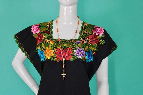 Black Huipil Dressed embroidered on both Yucatecan Sides by Hand Model Itzel for Women