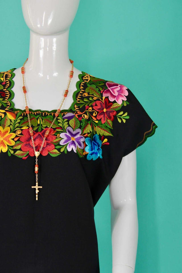 Black Huipil Dressed embroidered on both Yucatecan Sides by Hand Model Itzel for Women