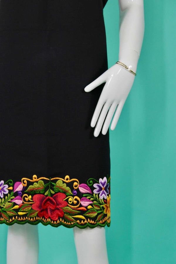 Black Huipil Dressed embroidered on both Yucatecan Sides by Hand Model Itzel for Women