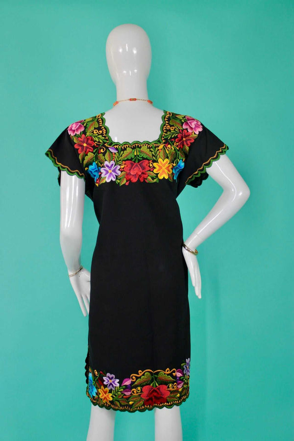 Black Huipil Dressed embroidered on both Yucatecan Sides by Hand Model Itzel for Women