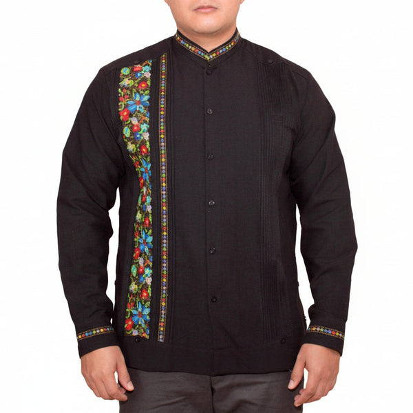 Guayabera Yucateca Negra De Lino Real Modelo Montejo Manga Larga