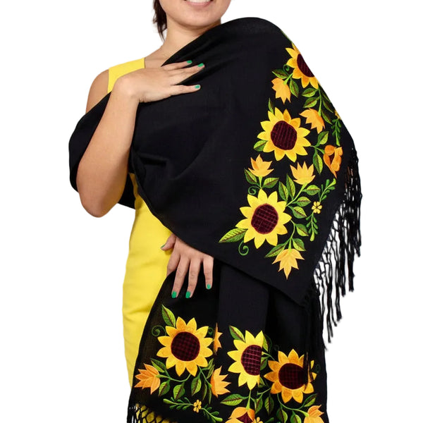 Rebozo Chal Artesanal Negro Lino Bordado Yucateco A Mano Elegante Gira