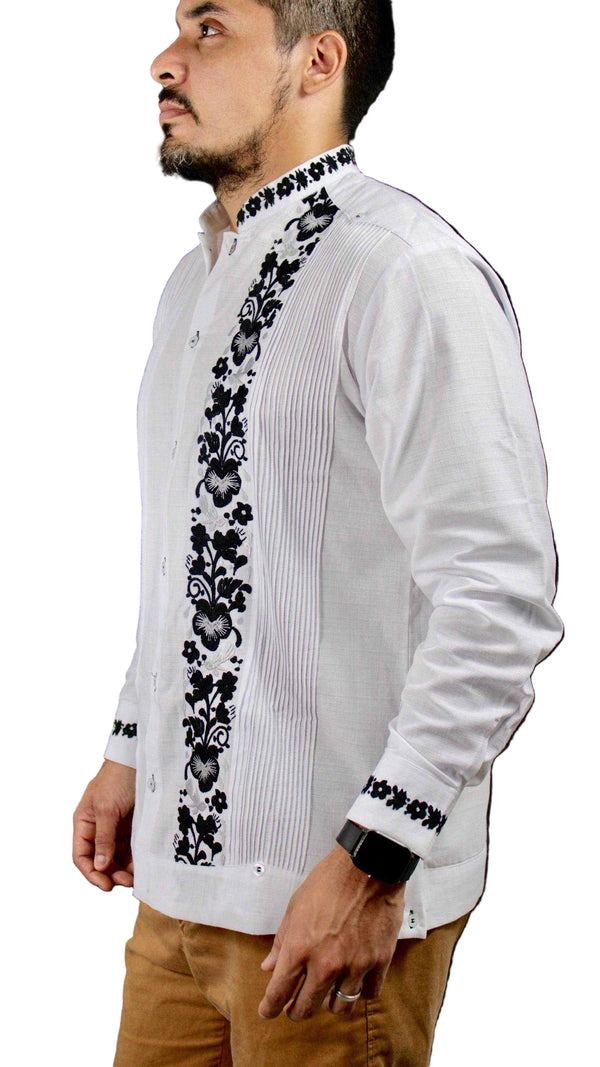 Guayabera Yucateca Blanca De Lino Modelo Colibrí Manga Larga