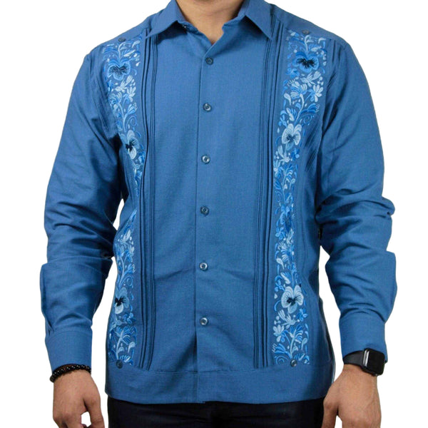 Guayabera Yucateca Azul Acero Lino Modelo Colibrí Manga Larga