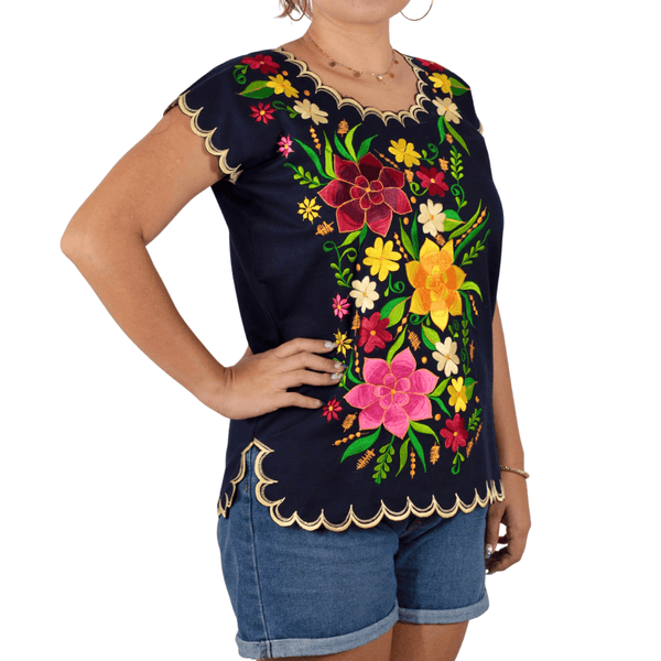 Blusa Yucateca Bordada Azul Marino Lino Modelo Estrella - Teya Artesanal