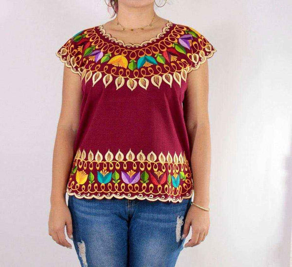 Blusa Yucateca Bordada Vino Lino Modelo Regina