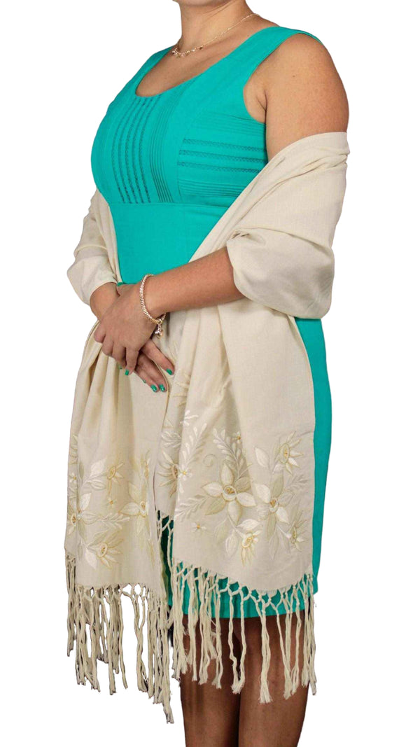 Rebozo Chal artesanal elegante bordado Yucateco color Beige 2.1 metros