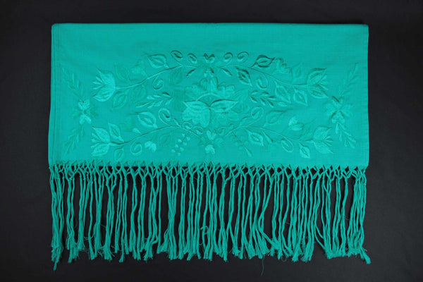 Rebozo Chal Artesanal Verde Jade Lino Bordado Yucateco A Mano Elegante