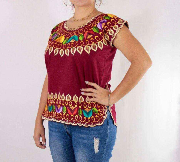 Blusa Yucateca Bordada Vino Lino Modelo Regina