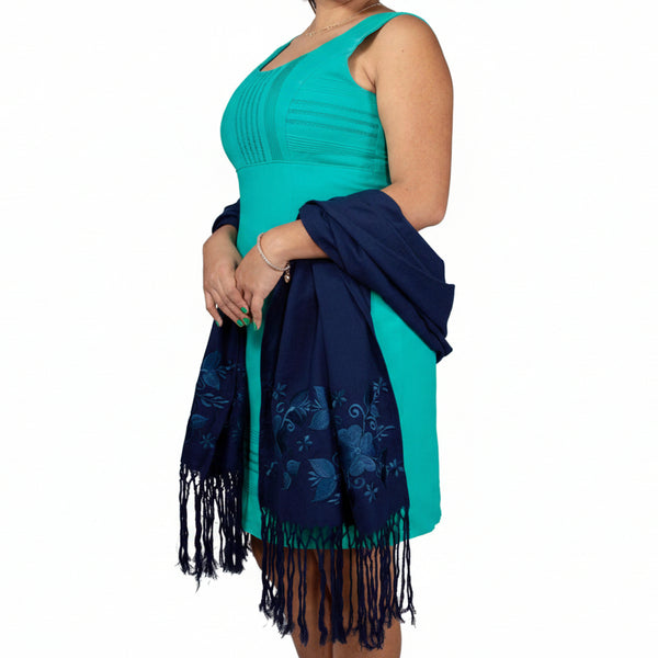Rebozo Chal Artesanal Azul Marino Bordado Yucateco a Mano 2.1 metros