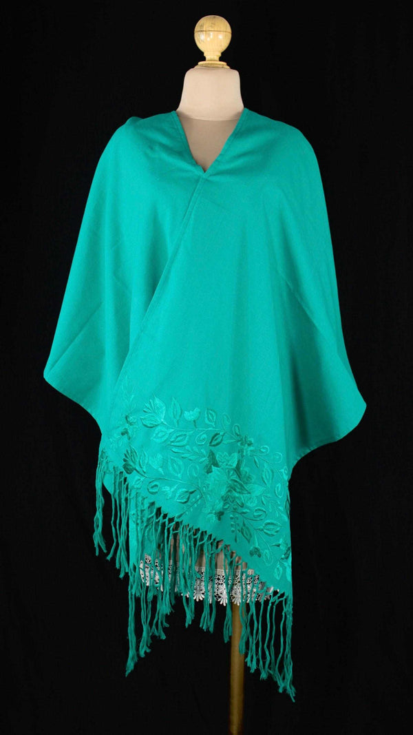 Rebozo Chal Artesanal Verde Jade Lino Bordado Yucateco A Mano Elegante