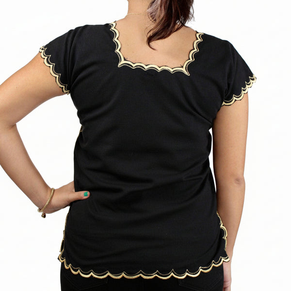 Blusa Yucateca Bordada Negra Lino Modelo Aurora