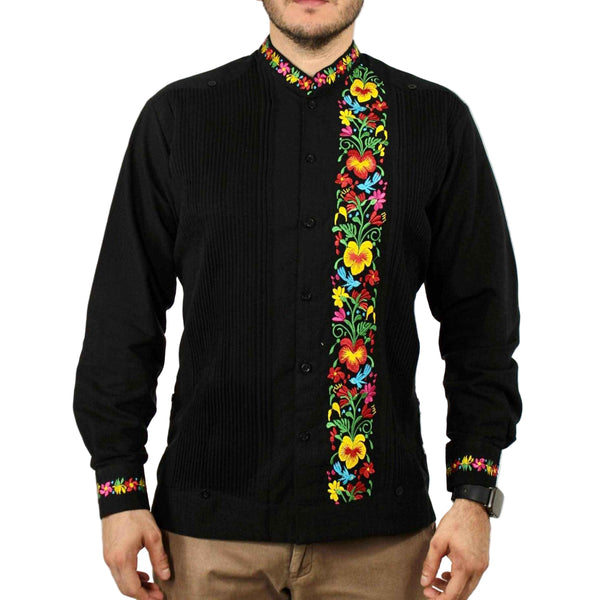Guayabera Yucateca Negra De Lino Modelo Colibrí Manga Larga