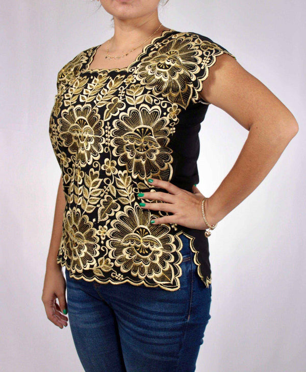 Blusa Yucateca Bordada Negra Lino Modelo Aurora