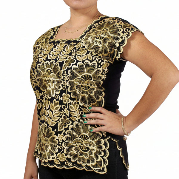 Blusa Yucateca Bordada Negra Lino Modelo Aurora