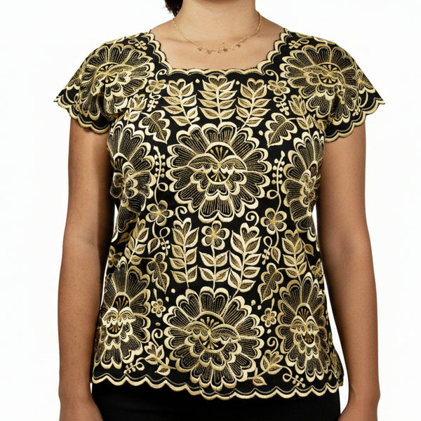 Blusa Yucateca Bordada Negra Lino Modelo Aurora