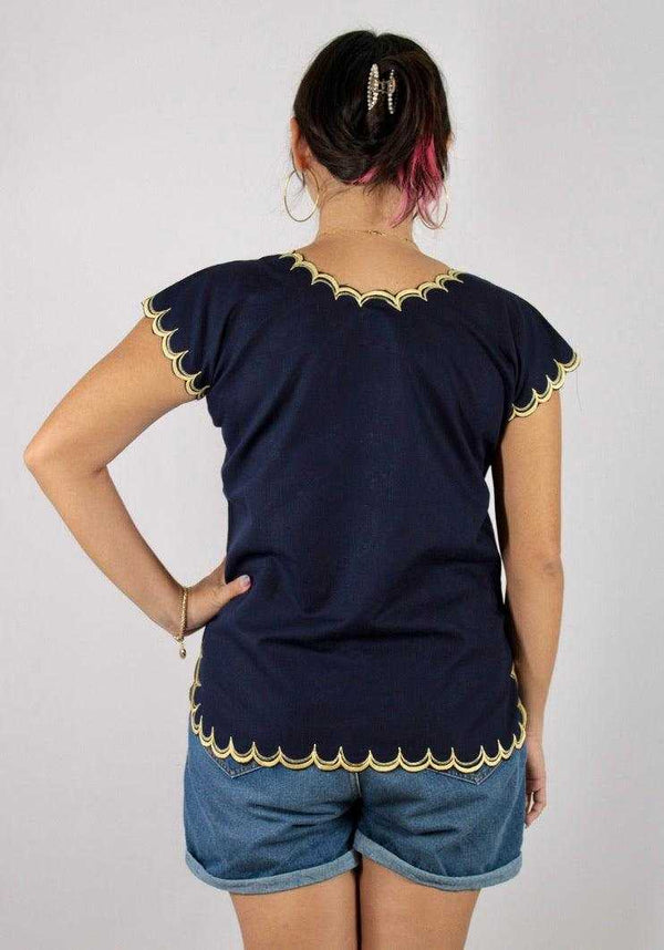 Blusa Yucateca Bordada Azul Marino Lino Modelo Estrella - Teya Artesanal