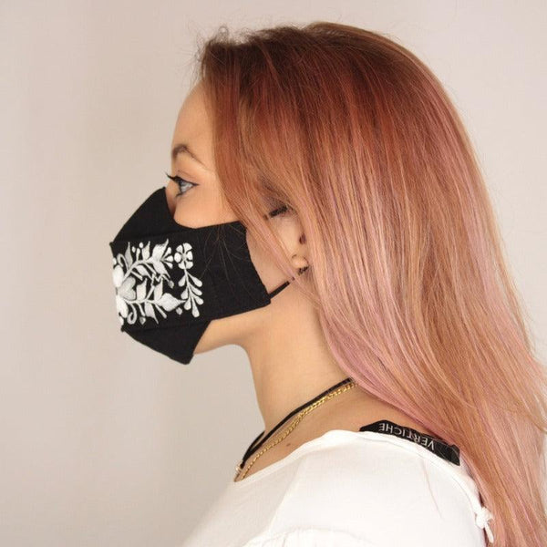 Cubrebocas Lino Triple Capa C/ Filtro Negro Y Plata Dama - Teya Artesanal