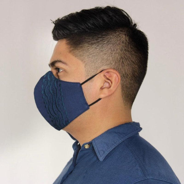 Cubrebocas Azul Triple Capa C/ Filtro Bordado Vertical - Teya Artesanal
