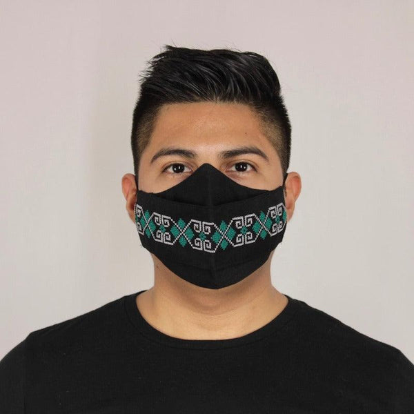 Cubrebocas Lino Triple Capa C/ Filtro Negro Y Verde Unisex - Teya Artesanal