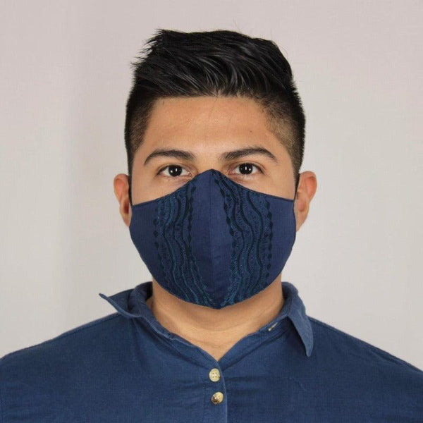 Cubrebocas Azul Triple Capa C/ Filtro Bordado Vertical - Teya Artesanal